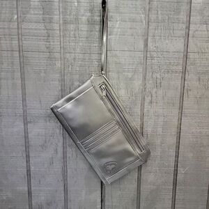 VTG Leather Black Clutch Purse Bag Wallet LaRue Sassy Wrist Strap Mirror Y2K 90s